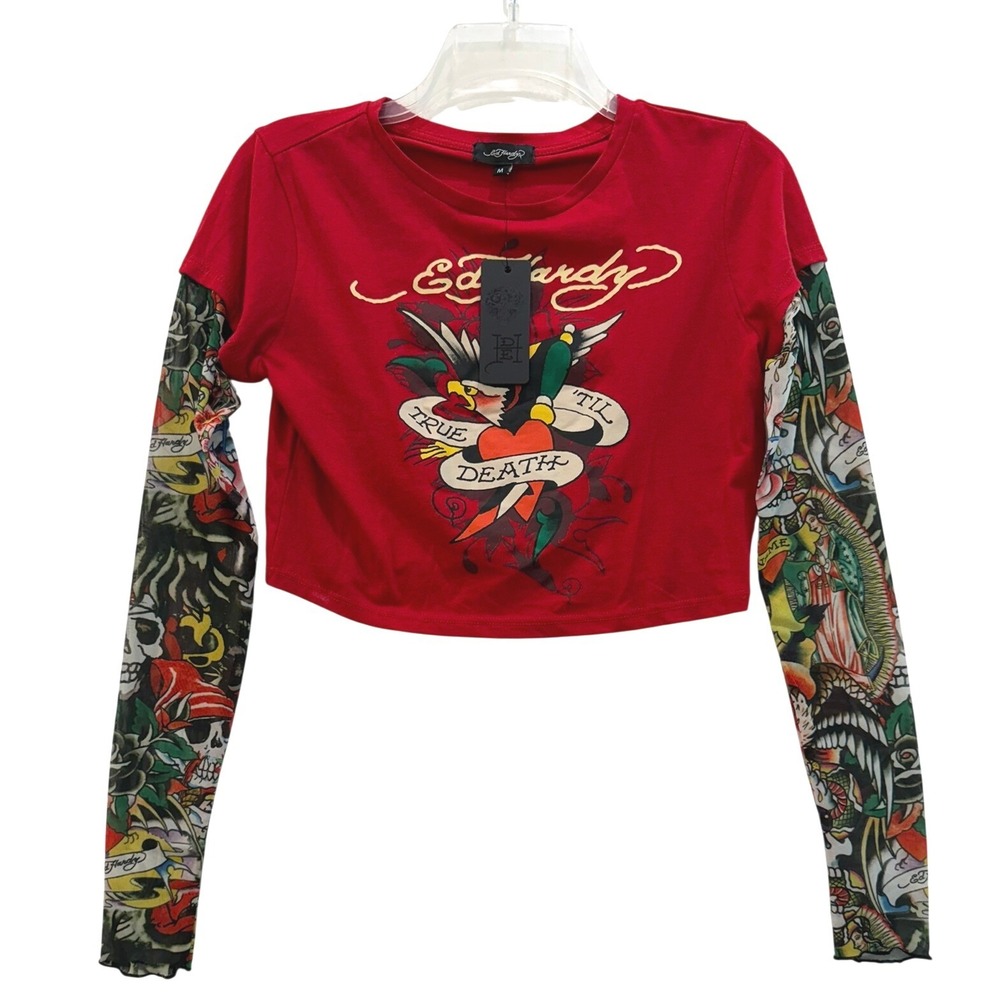 Ed Hardy Womens True Death Eagle Crop Top Mesh Tattoo Sleeves Red Size M NWT